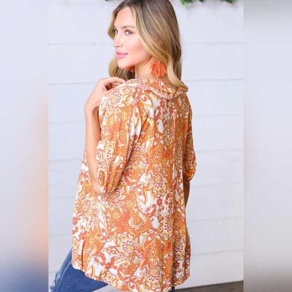 💥NEW Sugarfox Orange Paisley Ruffle Top ~ Medium & Large Available - Picture 2 of 3